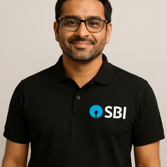 Black polo T-shirt with SBI Bank logo on the left chest, made from pure cotton biowash fabric, displayed flat with Merzee label.