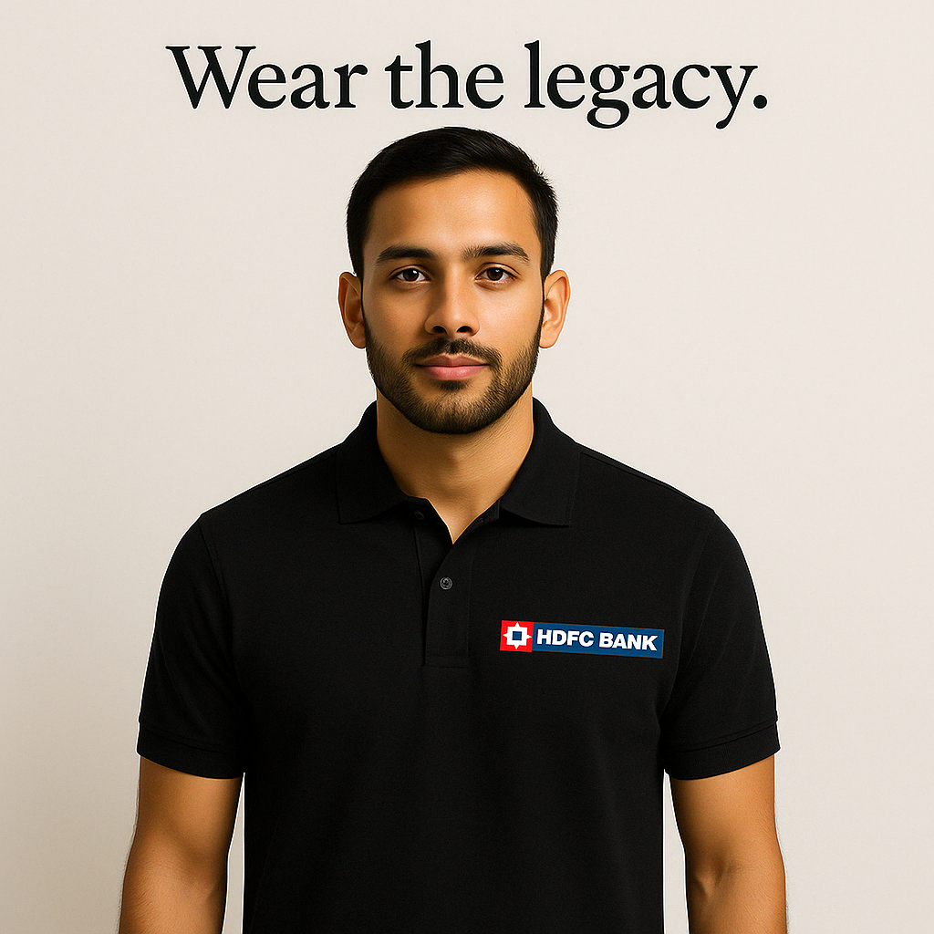 Black polo T-shirt with HDFC Bank logo on the left chest, made from pure cotton biowash fabric, displayed flat with Merzee label.